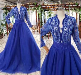 Royal Blue Elegant Evening Formal Dresses 2022 Arabic Long Sleeve Beaded Lace Prom Gowns Red Carpet Celebrity Boho Bridal Dress Real Picture