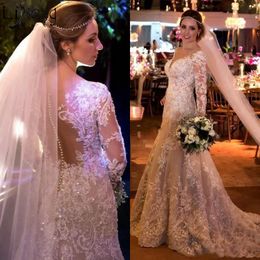 2019 Mermaid Wedding Dresses Arabia Dubai Luxury Sparkly Crystal Lace Applique Long Sleeve Wedding Gowns Vestido de noiva Custom Made