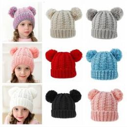 Crochet Skullies Cap Solid Hats Pom Knit Hats Fur Label Beanie Winter Ski Skull Caps Fashion Party Hat Wool Outdoor Caps Gifts C6227