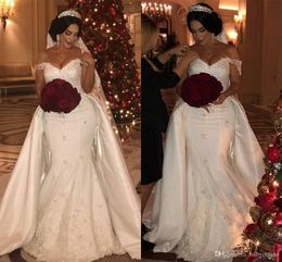 Dubai Arabic Plus Size Wedding Dresses With Detachable Skirt 2019 Elegant Off Shoulder Beaded Appliqued Bridal Gowns vestidos de novia