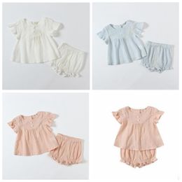 Children Girls Sets Summer Short Sleeved T Shirt Shorts 2Pcs Fashion Solid Ruffle Cotton Suit 2020 New Design Boutique Clothing Sets ZYQ352