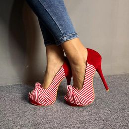 Olomm Women Platform Pumps Stiletto High Heels Pumps Butterfly Knot Peep Toe Black Red Striped Shoes Women Plus US Size 5-15