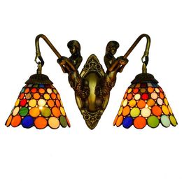 European Retro Tiffany Double-Head Wall Lamp Vintage Stained Glass Wall Light Living Room Dining Room Bedroom Aisle Bright Balcony Lightings