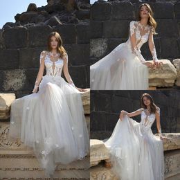 2022 Applique Wedding Dresses Lace Tulle Long Sleeve Bridal Gowns Illusion Bodice Wedding Gowns Abiti Da Sposa