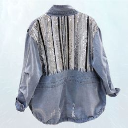 Fashion spring Standing Coat 2019 Sequins Splice Bomber Denim Jacket Women Collar Vintage Hole Drawstring Jeans Jacket Female 81