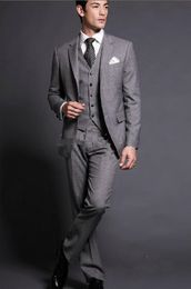 New Slim Fits Grey Groom Tuxedos Notched Lapel Man Blazer Coat Mens Prom Vests Trousers Suits (Jacket+PantsVest+Tie) 428