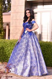 Royal Blue Lace Off Shoulder A Line Girls Pageant Dresses Gowns in Prom Dresses Long Cheap New Sexy Cheap 2019