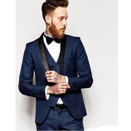 New Groom Tuxedos Groomsmen One Button Navy Blue Shawl Lapel Best Man Suit Wedding Men's Blazer Suits Custom Made (Jacket+Pants+Vest+Tie) 14