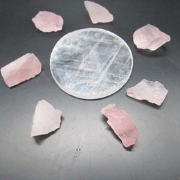 100g Natural Rose Quartz Crystal add 1pcs 8*8cm Cleart Selenite Circle Charging Plate