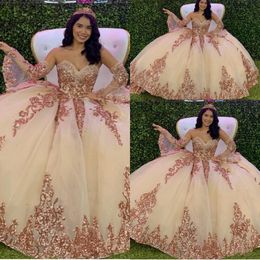 Sexy Rose Gold Sequined Lace Quinceanera Dresses Ball Gown Off Shoulder Crystal Beads Long Sleeves Sequins Puffy Party Dress Champagne Prom Evening Gowns