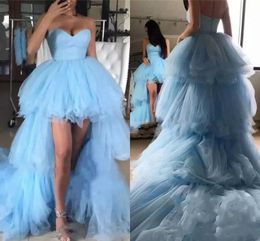 Light Sky Blue Prom Dresses Sexy Sweetheart High Low Evening Dress Zipper Back 4 Layers Long Train Cocktail Party Dress Custom Made