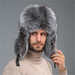 Mens Real Fox Fur and real leather Hat Russian Ushanka Winter Warm Aviator Trapper Bomber Ski Earmuffs Cap252h