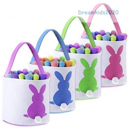 New Easter eggs basket,Cute Easter Rabbit Basket Round Canvas Gift bag cartoon cute Bunny tails bucket Put Easter rabbit DIY pail buckets