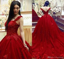Red Sweet 16 Quinceanera Dress Ball Gown Lace 3D Floral Appliques Beaded Masquerade Puffy Long Prom Evening Formal Wear Vestidos