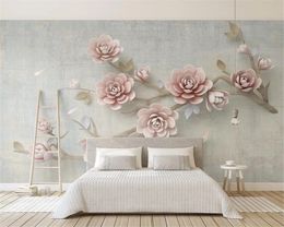 Custom 3D Wallpaper Mural Beautiful Pink 3d Three-dimensional Relief Flower Branch TV Background Wall HD Silk Wallpaper