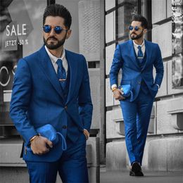 hot sale 3piece blue gentlemen bridegroom blazer cotton blend two button notched lapel formal men suits custom made wedding tuxedo