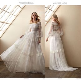 Modest Elegant Valerio Luno A Line Wedding Dresses Jewel Long Puff Sleeve Lace Applique Wedding Gowns Sweep Train robe de mariée