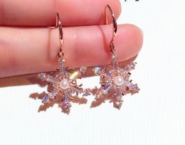 Lovely Cute Diamond Zircon Flower Pearl Stud Earrings for Woman Girls Super Glittering Fashion Designer