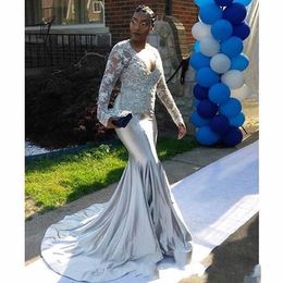 Grey Sexy Sier Mermaid Deep V Neck Long Sleeves Lace Appliques Satin African Backless Formal Prom Dresses Evening Gowns