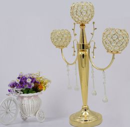 New gold 3 arms crystal beaded balls metal candelabra with flower bowl and hanging acrylic beads for wedding decoration Centrepiece best0912