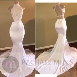 Prom Dresses Mermaid High Neck Sweep Train Formal Party Dresses Sleeveless Backless White Lace Custom Made Long Evening Gowns