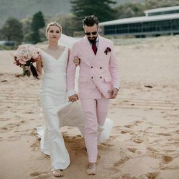 Brand New Pink Mens Wedding Tuxedos Double-Breasted Groom Groomsmen Tuxedos Man Blazers Jacket Excellent 2 Piece Suits(Jacket+Pants+Tie) 206