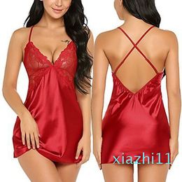 Fashion-Woman Sexy Lingerie Lace Satin Sleepwear Sling Pyjamas Soft Deep V Slim Fit Mini Sleepdress Female Summer