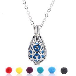 Fashion Lava Rock Stone cage pendant necklace Diffuser Essential Oil Water drop shape open Lockets Charm Necklaces For women Jewelry Gift