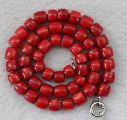 Hand knotted Natural stone red coral 8-10mm irregular abacus bead necklace chain 18" fashion jewelry