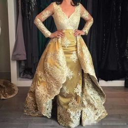 Modest Gold Prom Dresses With Detachable Train Sheath Lace Applique Long Illusion Sleeves V Neck Satin Formal Ocn Wear Party Gowns 403