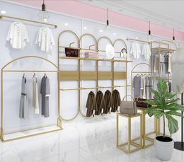 Clothing store display shelf golden floor type double light luxury creative iron hanging clothes rack women's clothing store shelf