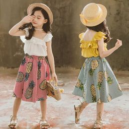 Kids Designer Clothes Girls Vest Tops Pineapple Skirts 2PCS Sets Flying Sleeve Children Suspender Outfits Summer Kids Clothing DHW3228