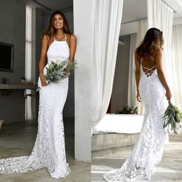 2020 Bohemian New Arrival Sleeveless Mermaid Wedding Dresses Satin Lace Halter Applique Bridal Gowns Lace Up Sweep Train Wedding Gowns