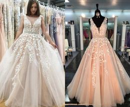 Classic Ball Gown Real Prom Dresses V Neck Sheer Straps Appliqued Lace Tulle Floor Length Backless Blush Pink Formal Evening Gowns HY4096