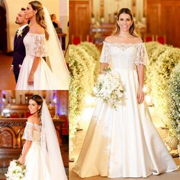 Modest A Line Lace Wedding Dresses Off The Shoulder Neck Short Sleeves Bridal Gowns Beaded Sweep Train Satin robe de mariée
