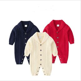 Kids Boys Clothes Rompers Infant Knitted Solid Jumpsuits Long Sleeve Toddler Turndown Collar Onesies Newborn Button Playsuits Bodysuit B6410