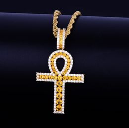 Men's Ankh Cross Pendant Necklace Gold Silver Copper Material Iced Zircon Egyptian Key of Life Women Hip Hop Jewellery