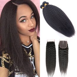 Indian Human Hair Wefts With 4X4 Lace Closure 3 Bundes With 4 By 4 Closure Kinky Straight Yaki Coarse 8-28inch