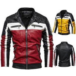 Mens Jackets Fashion High Street Red Yellow Color Matching Leather Jacket Motorcycle Streetwear Casual Outwear M-4XL