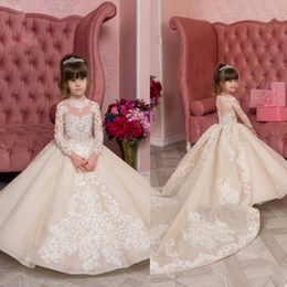 Modest Flower Long Sleeve Jewel Neck Applique Button Sequins Wedding Party Floor Length Tulle Lace Princess Girl Dress