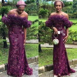 Aso Ebi Purple Mermaid Evening Dresses Arabic Appliques Lace Prom Dress Plus Size Off The Shoulder Ruffles Formal Party Gowns