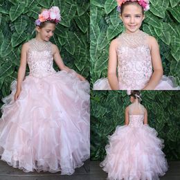 Pink Princess Tiered Flower Girls Dresses First Holy Communion Tulle Jewel Neck Girls Pageant Gowns Full Crystal Beading Girls Dress