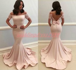 Modern Arabic Mermaid Pink Evening Dresses Backless Bow Lace Straps Plus Size Prom Ball Gown Robe De Soiree Formal Guest Long Party Formal