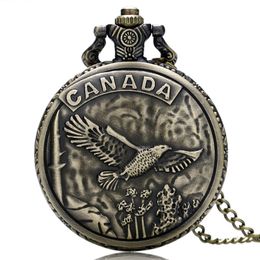 Retro Bronze CANADA Eagle Case Design Cool Quartz Pocket Watch Fob Watches with Necklace Chain for Men Boys