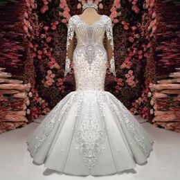 Luxury Beaded Mermaid Wedding Dresses With Appliques Lace Crystals Illusion Long Sleeves Bridal Gowns Plus Size robe de mariee
