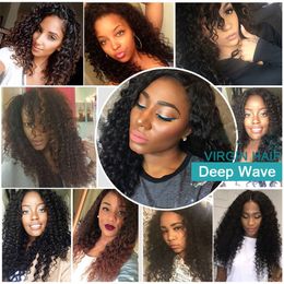 Brazilian Deep Wave Curly Virgin Human Hair Weaves 3 Bundles with Lace Closure Unprocessed Remy Hair Extensions Natural Color Can Bleach Dye