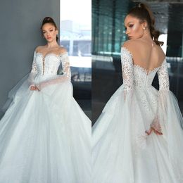 Crystal Design 2020 Wedding Dresses Sheer Jewel Neck Boho Lace Appliqued Long Sleeve Bridal Gowns A Line Country Style Beach Wedding Dress