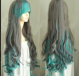 WIG shipping New Cosplay Long Wavy Curly Light Blue Grey Mixed Women's Full Wig