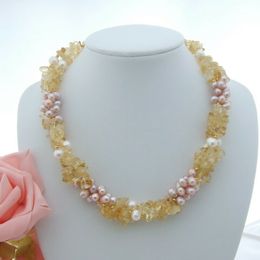 Hand knotted necklace 3strands long 45cm yellow crystal white pink drop freshwater Pearl sweater chain fashion Jewellery