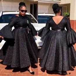 Black Full Lace Prom Dresses South African Trumpet Long Sleeves Evening Gowns 2K19 Plus Size Floor Length Formal Party Dress Cheap